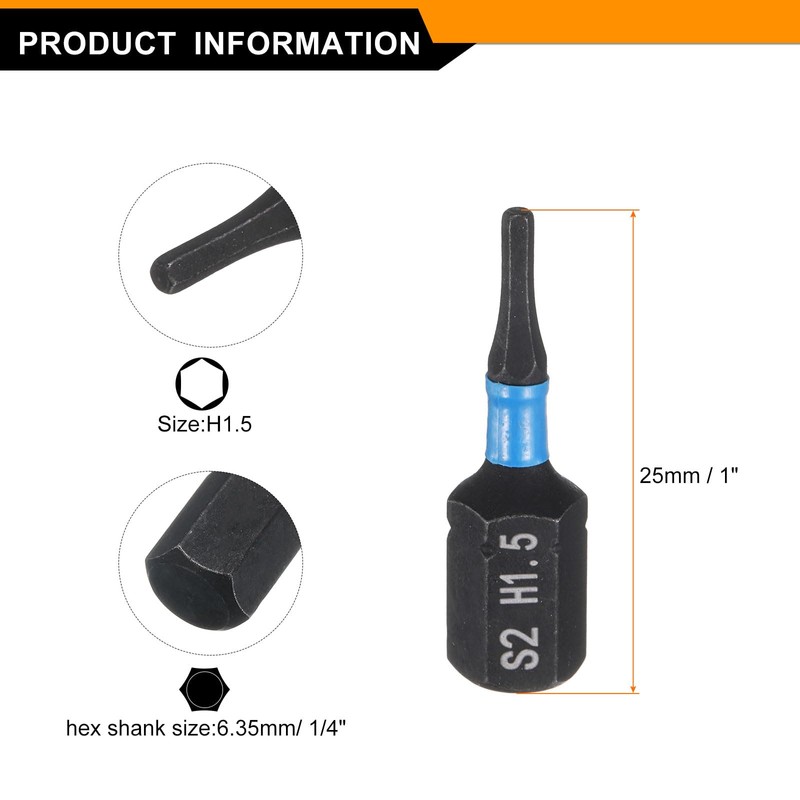sourcing map 2pcs H1.5 Hex Screwdriver Bit 1/4" Hex Shank