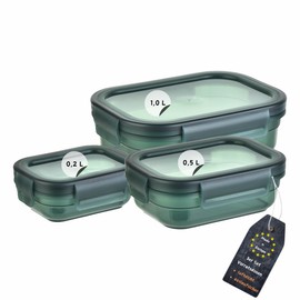 Engelland - Set of 3 Storage Jars with Lids, Airtight, Leak-Proof, Stackable, Storage Jars, BPA-Free, Plastic, Various Sizes, 0.2 L / 0.5 L / 1.0 L, Transparent Moss Green
