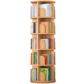 Feuusec Solid Wood Rotating Bookshelf Tower, 5 Tier 360° Display Stackable Spinning Bookshelf for Kids & Adults, Corner Bookshelf for Small Space, Narrow Book Shelf Organizer