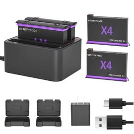 Battery Charger Set for Insta360 X4-2 Pack 2500mAh Battery with Triple Slot Fast Charger Hub for Insta 360 X 4 Insta360X4 Pro Accessories CINSBBMA 【 2 Batteris +2 Case + 1 Charger + USB Wall Plug】