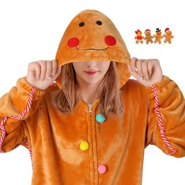 pewjury Christmas Onesie Pajamas for Women, Gingerbread Man Costume Adult Unisex One Piece Cosplay Gingerbread Pajamas Brown