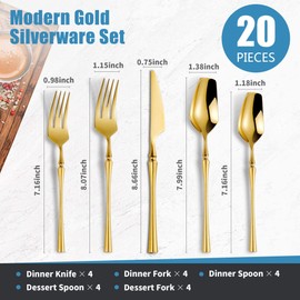 Lemeya 20 Piece Gold Modern Silverware Set,18/10 Stainless Steel Flatware,Unique Cutlery Set Service for 4,Dinner Knife Fork Spoon,Mirror Polished,Dishwasher Safe