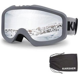 FEISEDY Karsaer Ski Goggles Anti-Fog Snow Goggles OTG 100% UV Protection Snowboard Goggles Bendable Dual-Lenses for Men Women Youth B7012 - Color: Matte Grey Frame Silver Mirrored Lens Vlt 15%