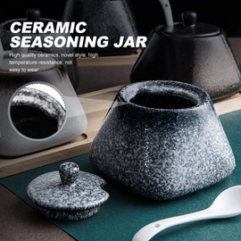 Mobestech Simple Ceramic Condiment Jar with Lid and Spoon Blue Seasoning Container for Home Kitchen for Storing Sugar Salt Pepper and Spices Practical Spice Box Holder