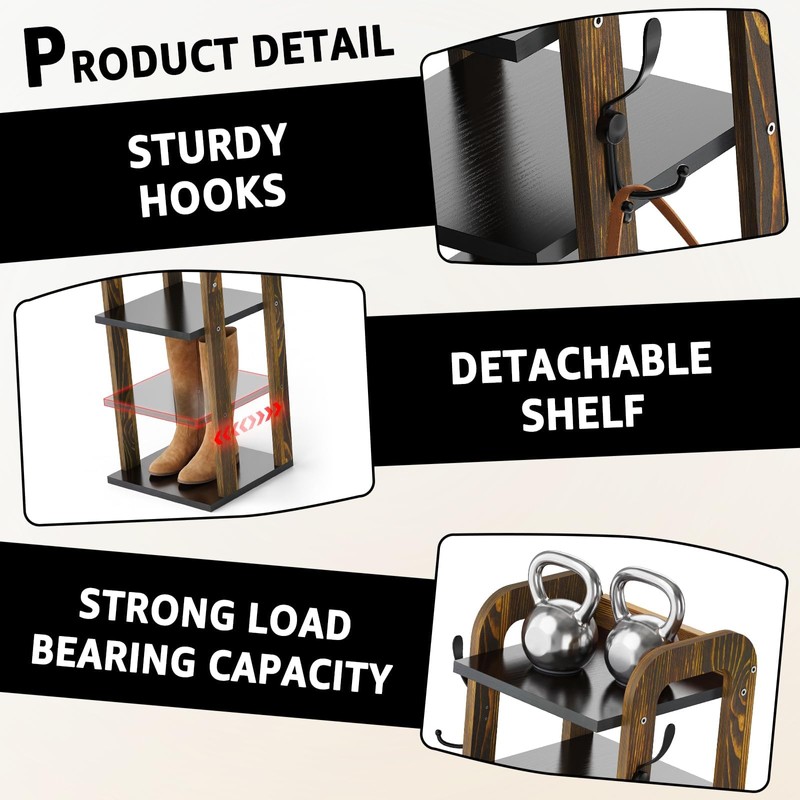 Wooden 8 Tiers Vertical Shoe Rack with Hooks