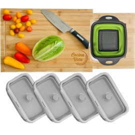 Cocina Vida Bamboo Cutting Board With 4 Collapsible Containers And Strainer, Over The Sink Cutting Board, All In One Chopping Expandable Slide-Out Meal Prep Wood Chopping Board, Kitchen Must Have