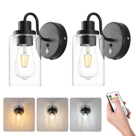 AIBISOD Battery Operated Wall Sconce Set of 2 Black LED Wall Lights with Remote Control, Included 3-Color Temperature Bulb, Dimmable Indoor Cordless Wall Lamp for Bedroom, Hallway