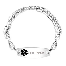 Tobestu Stainless Steel Black Medical Symbol Blood Thinner Bracelets for Patients -7.87 Inches Platinum Plated Layered Chain Medical Alert Bracelet for Men Women YA4768