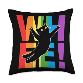 Rainbow Cat Leaping over “WHEE” Rainbow Letters Throw Pillow