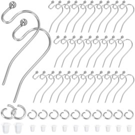 SOFPLATE 1 Box 300Pcs Fish Hook Earring Wires Silver Earring Hooks Bulk Stainless Steel French Ear Wires with Ear Nuts and Jump Rings Ball Dot Dangle Earring Findings for Jewelry Making Supplies Women