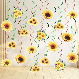 JOFONY 36 PCS Sunflower Hanging Swirls,6 Styles Sunflower Decorations Party Supplies Sun Flowers Party Foil Swirls Ceiling Wall Decor for Birthday Summer Themed Party Baby Shower Favor Supplies