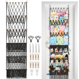 iHansee 5 Tier Stuffed Animal Storage Shelf Net, 17x61 Inch Large Plushie Net w/LED Light & Clips for Mini Medium Stuffy Teddy, Black Boho Macrame Wall Toy Holder Display for Nursery Kids Girls Boys