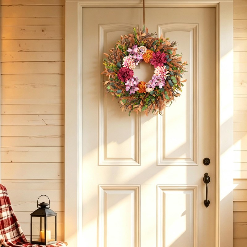 24 Inch Fall Wreath Pink Hydrangea Red Dahlia Wheat for