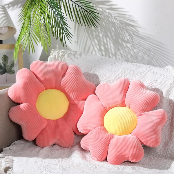 Suzile 2 Pcs Flower Plush Throw Pillows Cute Flower Floor Pillow Seat Cushions Decorative Aesthetic Flower Seating Cushion for Kids Bedroom Sofa Chair Room Decor 13.8 Inch(Pink)