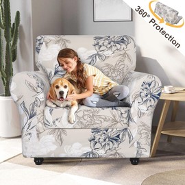 SearchI Sofa Cover Couch Covers, 2 Pieces Armchair Slipcover with 1 Separate Cushion Cover Stretch Soft Furniture Protector for Living Room Couch Cover for Pets Kids(Armchair, Beige+Flower)