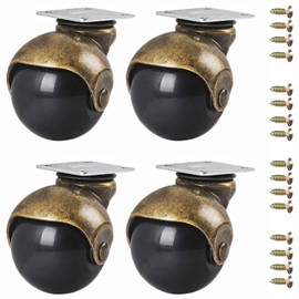 1.5 Inch Ball Caster Wheels - Small Furniture Casters Set of 4, Antique Brass Top Plate Castors for Coffee Table, Ottoman (Screws Included)