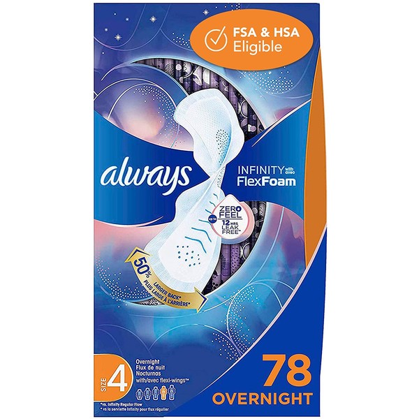Always Infinity Feminine Pads for Women, Size 4, Overnight Absorbency, with Wings, Unscented, 26 Count (Pack of 3)