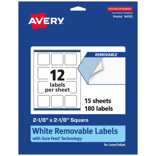 Avery Matte White Removable Square Labels, Sure Feed Technology, Print-to-The-Edge,