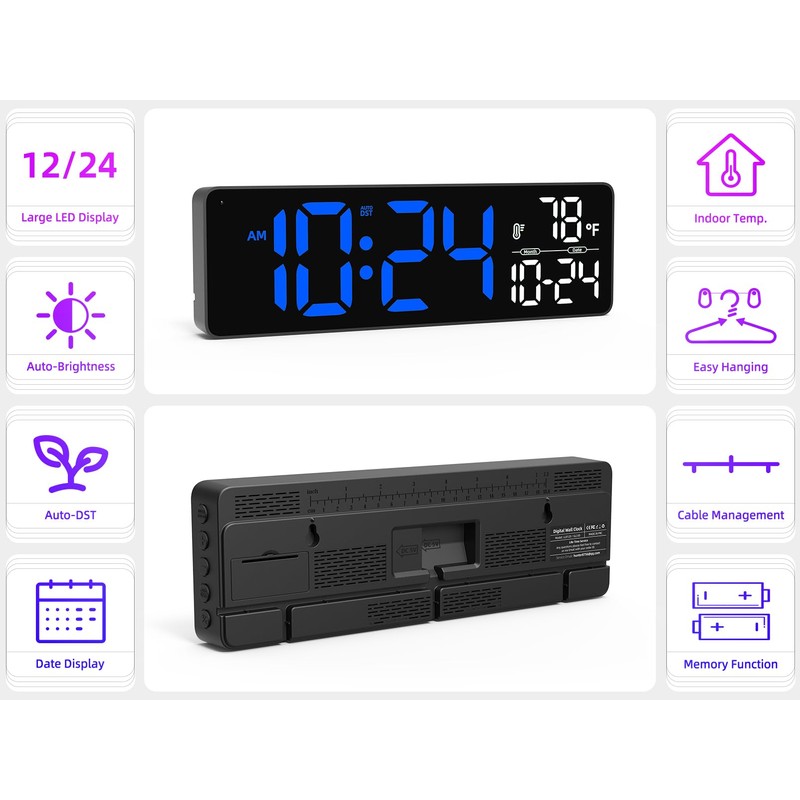 Large LED Digital Wall Clock with Date, Temperature, Auto-Brightness, Auto-DST