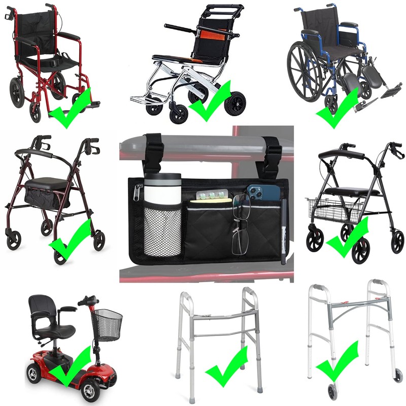 Wheelchair Side Organizer Storage Bag Armrest Pouch with Cup Holder