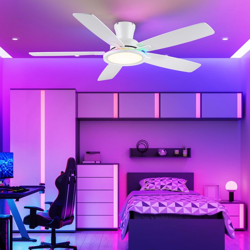 BYKISTOK Flush Mount RGB Ceiling Fan with RGB Light -