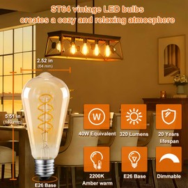 Ivyemons ST64 Edison LED Bulb 40w, 6 Pack Dimmable No Flicker Spiral Filaments Amber Glass ST64 Vintage LED Bulbs 320LM 4W, Equal 40W, 2200K Amber Warm E26 Base, ST 64 Amber LED Bulb for Cozy Setting