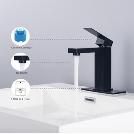 Etel Matt Brushed Nickel Square Bathroom Sink Faucet, Single Handle Square Bathroom Vanity Faucet with Pop-up Drain and Deck Mount Plate (Matt Black)