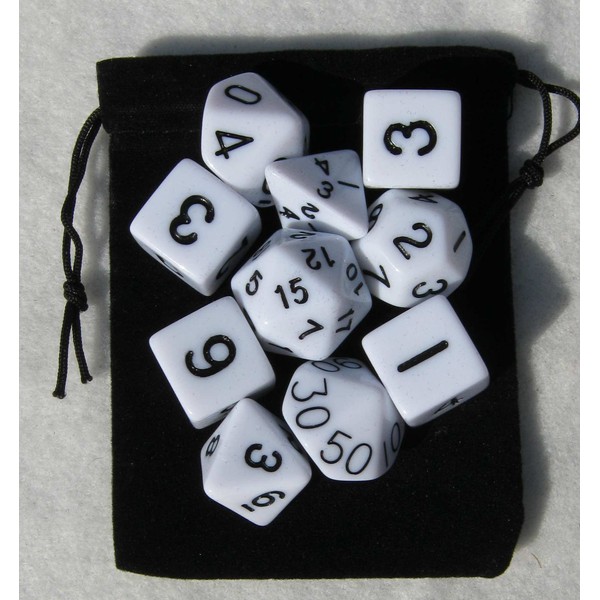 White RPG D&D Dice Set: 7 + 3d6 = 10 polyhedral die plus bag!