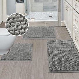 Turquoize 3 Pieces Bathroom Rugs Sets Non Slip Extra Absorbent Chenille Shaggy Bath Mat Set for Bathroom Floor with Toilet Rugs for Tub, Washable Shower Mat(17"x24"+20"x32"+20"x24"U-Shaped, Dove)