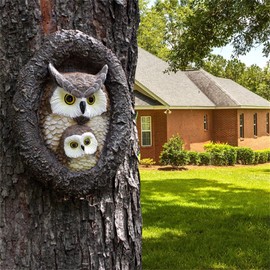 KOCNYDEY Owl Garden Statues Outdoor Decor, Fake Owl Mum and Baby Decoy to Scare Birds Away, Tree Face Decor Resin Figurine Sculpture Garden Peeker Yard Art Decoration for Patio Housewarming Gifts