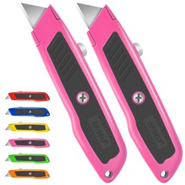 DIYSELF 2 Pack Box Cutter Retractable Heavy Duty Utility Knife, Ergonomic Razor Knife for Warehouse, Office, Exacto Knives Box Opener for Package, Cardboard (Pink)