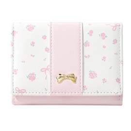 Modacarry Small Wallet Floral Coquette Bow Wallet Cute Wallet ID 7 Credit Card Slots for Women Girls, PINK