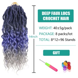Goddess Locs Crochet Hair 14 Inch 8 Packs Soft Crochet Braids With Curly Ends Deep Faux Locs Crochet Hair for Black Women Pre Looped Synthetic Braiding Hair(14 Inch/Pack of 8, 1B/Blue/Grey)