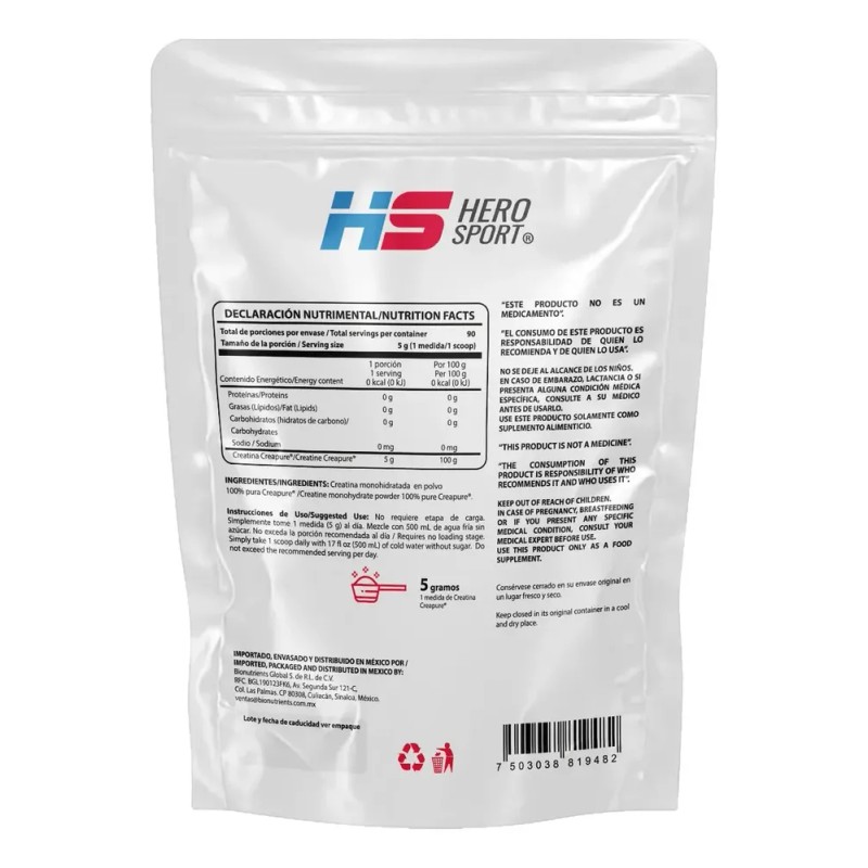 Hero Sport Creatina Monohidratada Creapure 450g. 100% Pura Sabor Sin