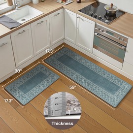 GENIMO Kitchen Mats for Floor 2 PCS Cushioned Anti-Fatigue, Geometric Waterproof Kitchen Rugs Non Slip Washable, Comfort Standing Mat Rug for Kitchen, Office, Desk, Laundry, Blue, 17"x 59"+17"x 30"