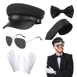 5 Pcs Chauffeur Costume Accessories Set, Novelty Limo Driver Fancy Dress Kit with Black Chauffeur Hat Sunglasses Bow Tie Gloves Outfit for Adults Cosplay Dress up Party Hen/Stag Night Theme Party