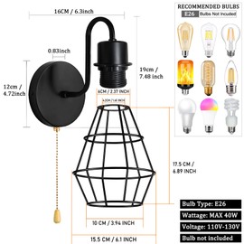 DTIEDY Wire Cage Wall Sconce with Pull Chain 2pack, Hardwire Wall Lights with On Off Switch, Metal Wall Mount Light Fixture Indoor E26 Vintage Black Wall Lighting for Living Room, Bedroom