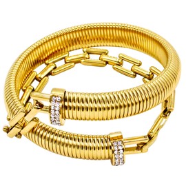 18K Gold Plated Waterproof Stainless Steel Bracelet, Designer Chunky Style, 12mm Wide, Crystal Zirconia Accents, Jewellery Gift Pouch Included