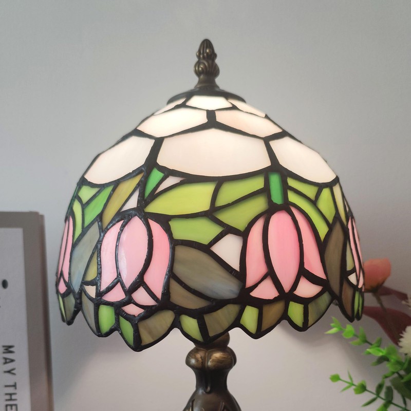 XPHMXP Tiffany Lamp 3-Way Dimmable Table Lamp Pink Tulip Stained