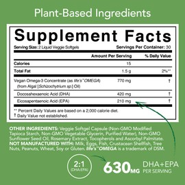 Vegan Omega-3 Fish Oil Alternative sourced from Algae Oil | Highest Levels of Vegan DHA & EPA Fatty Acids | Non-GMO Verified & Vegan Certified - 60 Veggie Softgels (Carrageenan Free)