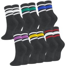 Fingertip WD 6 Pairs Retro Stripe Tube Socks Classic Athletic Sport Running Crew Casual Cotton Novelty Socks for women Girls Black