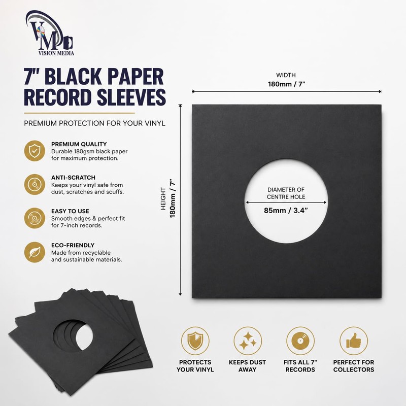 Vision Media® 7'' Black Paper Inners Sleeves - Acid Free