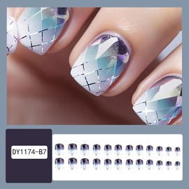 FOXIIU Press on Nails Square Short Glossy Full Cover Acrylic Short Square Shaped Gradient False Nails with Plaids Designs Artificial Fake Nails with Glue Stick on Fingernails for Women