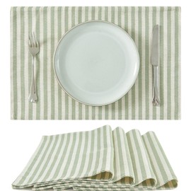 TOPICK Place Mats for Table Linen Blend Table mats Set of 4 Striped Placemats Durable Textured Table Placemats Soft Washable Placemats for Kitchen Dining Table Double Layer Tablemats 13x19 Inch Green