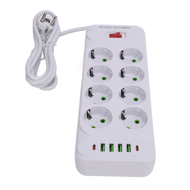 8 Way Power Strip USB C European Socket Desk Wall