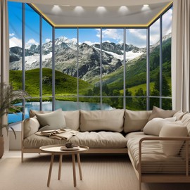 dueeia Window Tapestry Wall Hanging Mountain Forest Lake Nature Landscape Wall Tapestries for Bedroom Office Living Room Wall Decor (90.6"x70.9")