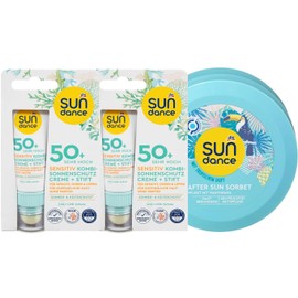 SUNDANCE 3er-Set Sonnenschutz: 2 x Sensitiv Kombi SONNENCREME & LIPPENPFLEGESTIFT für empfindliche Ohren, Lippen & Gesicht, LSF 50+ (2 x 23 ml) + After SUN Sorbet hautberuhigend (200 ml), 246 ml