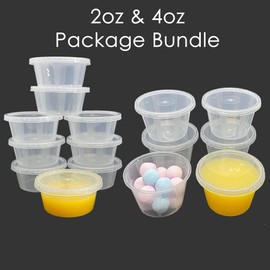 2oz & 4oz Bundle Round Plastic Food Containers Lids Deli Pot or Sauce Take Away Chutney Ketchup Restaurant Jelly Shot & Dessert Cups Re-Usable (100 Pack)
