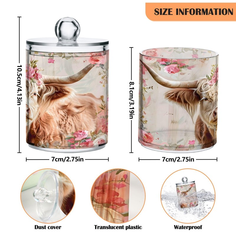 ALAZA 2 Pack Qtip Holder Highland Cow Pink Flower, Cotton