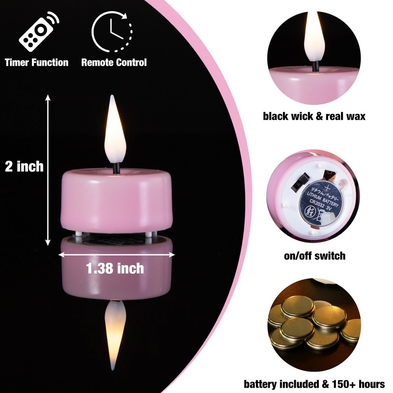 Eywamage Pink Flameless Wax Tealights with Remote Timer, Flickering LED